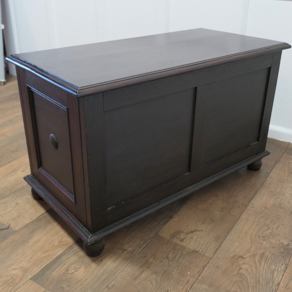 A dark oak panelled coffer featuring geometric moulded panels with central raised circular bosses, resting on bun feet. View VII