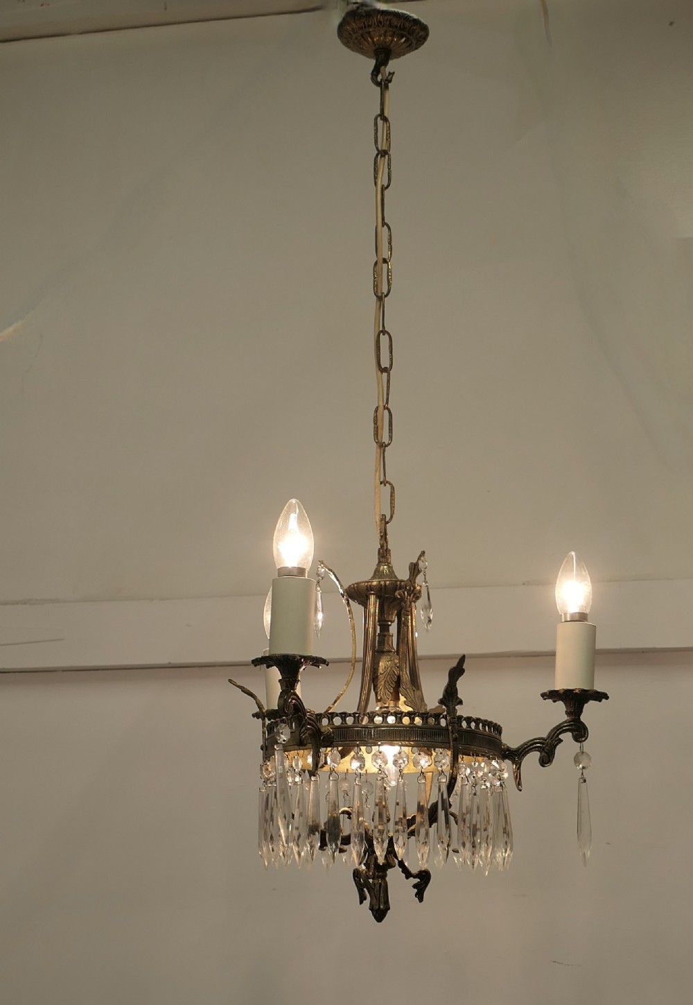 A Stunning 3 Branch Brass and Crystal Chandelier 
