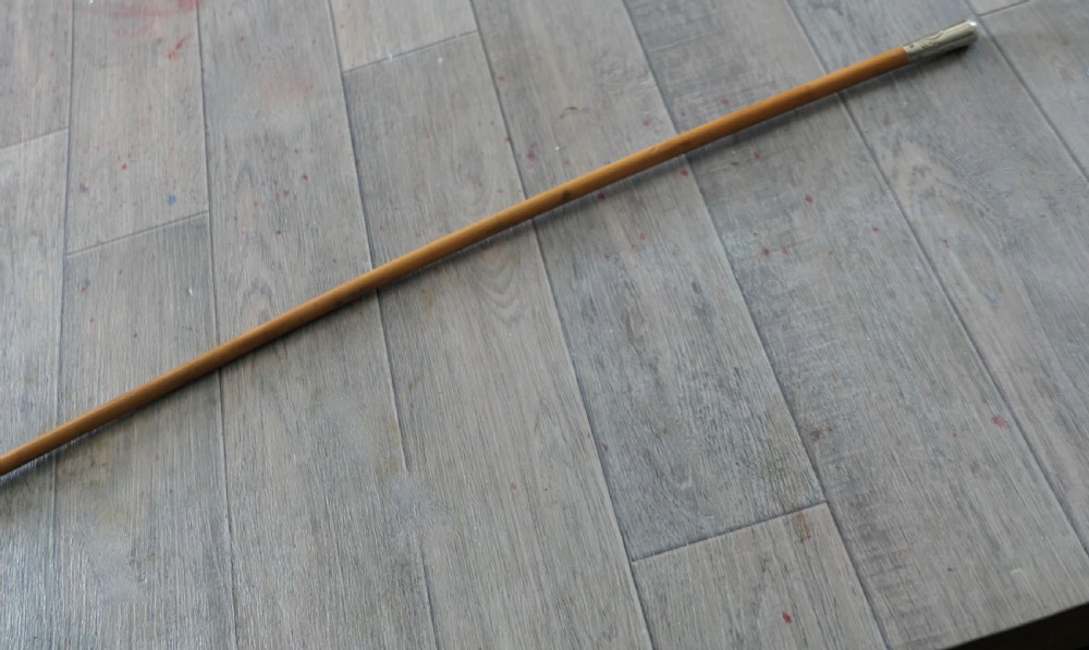 A slender light brown cane swagger stick featuring a silver-toned embossed metal cap at the top and a metal tip ferrule. View IV