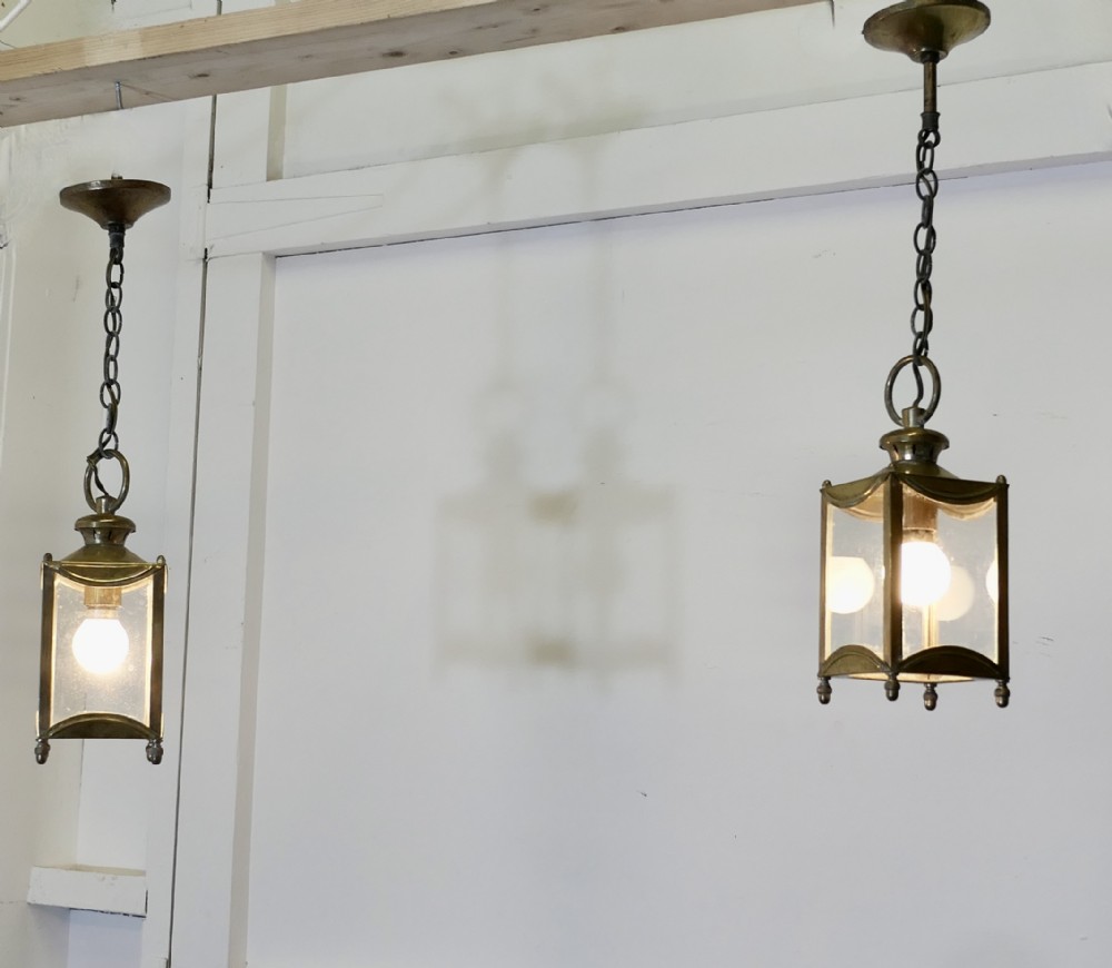 Petite Pair of French Brass and Glass Hall Lantern Lights
