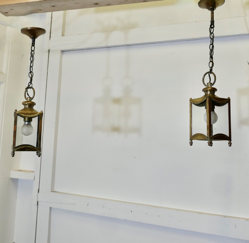 Petite Pair of French Brass and Glass Hall Lantern Lights View VI