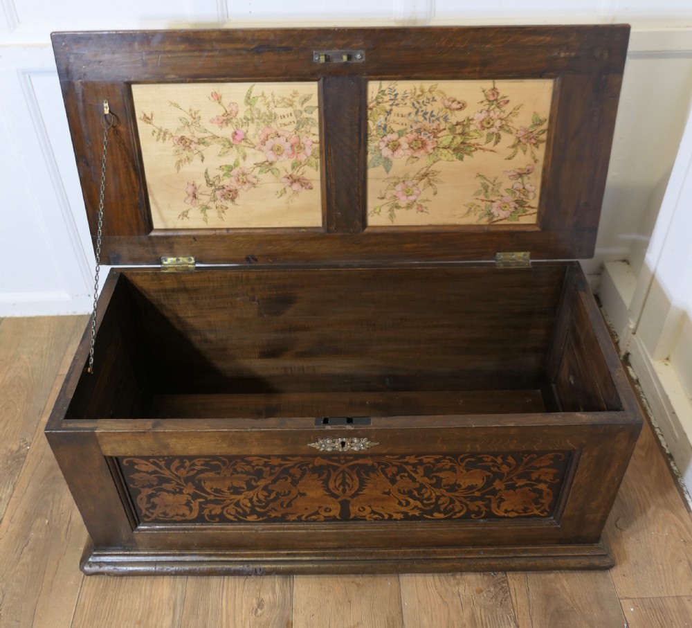 Arts and Crafts Carved Oak Marriage Chest or Carved Coffer View VI