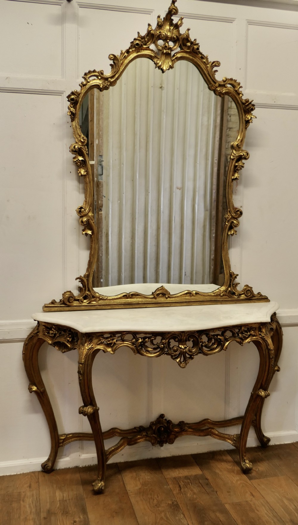 Italian Marble Top Console Table and Mirror Set