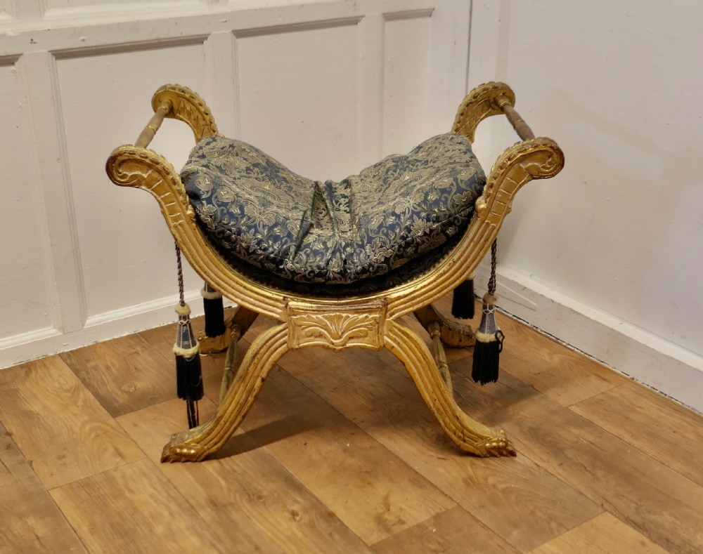 19th Century Empire Style Gilt X Frame Stool  View II