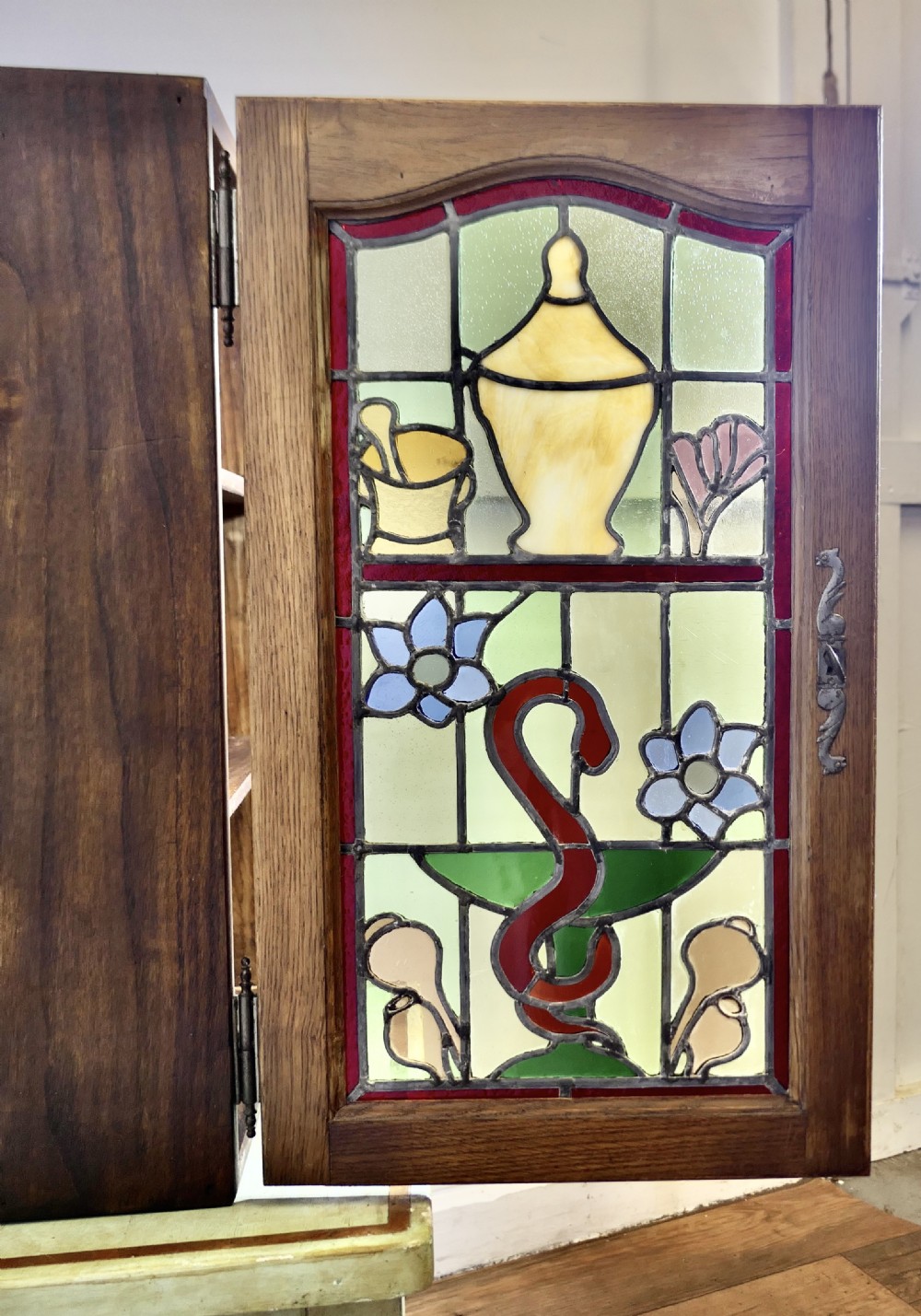 Art Nouveau Stained Glass Pharmacy or Bathroom Cabinet   View II