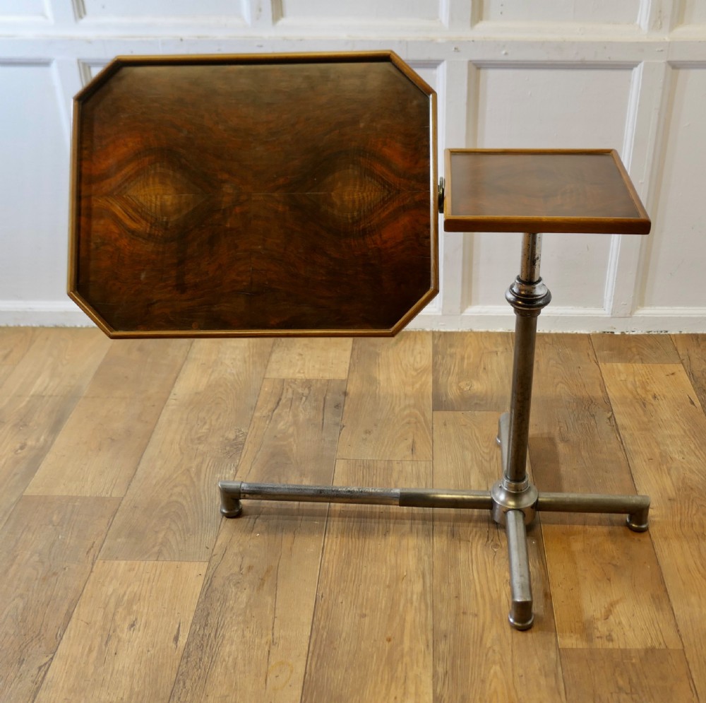 An Art Deco adjustable reading stand featuring two walnut wooden tray tops on a tubular chrome column and cross-form base. View II