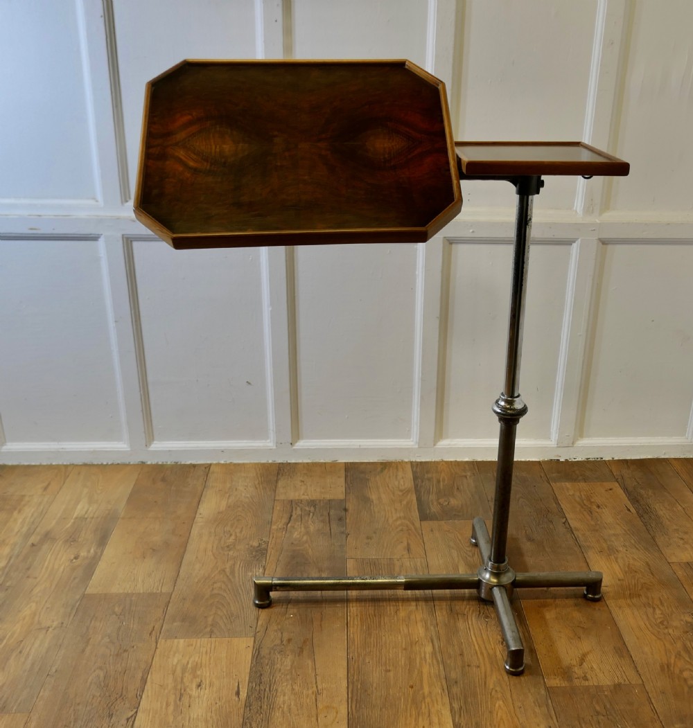 An Art Deco adjustable reading stand featuring two walnut wooden tray tops on a tubular chrome column and cross-form base. View III