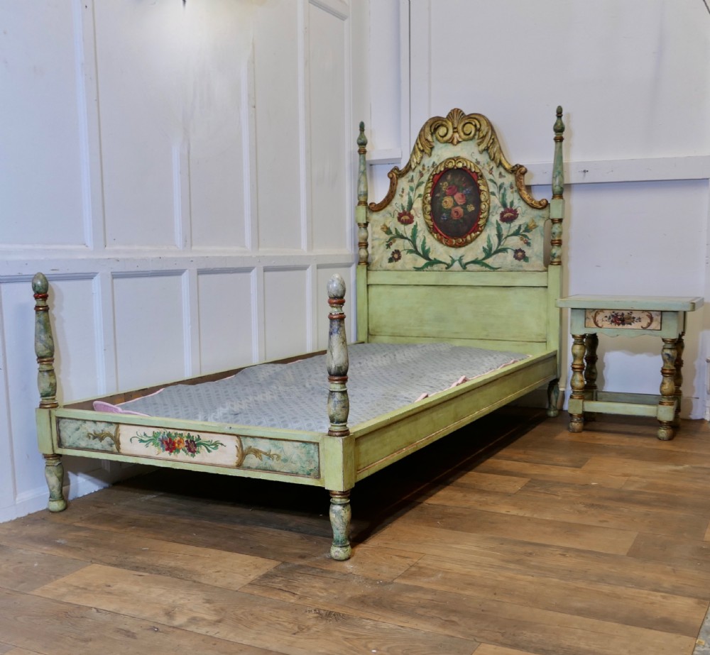 19th Century French Folk Art Single Bed with Night Table