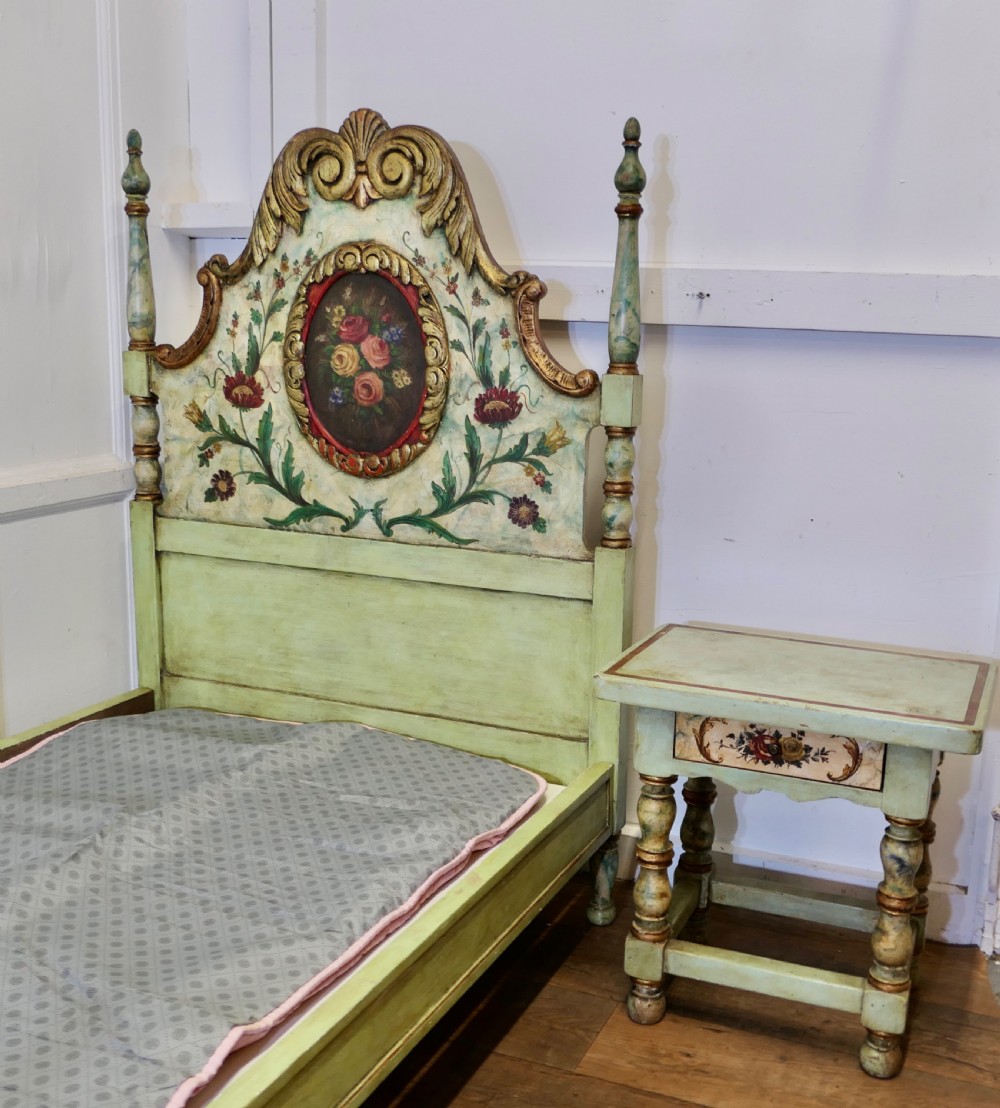 19th Century French Folk Art Single Bed with Night Table View II
