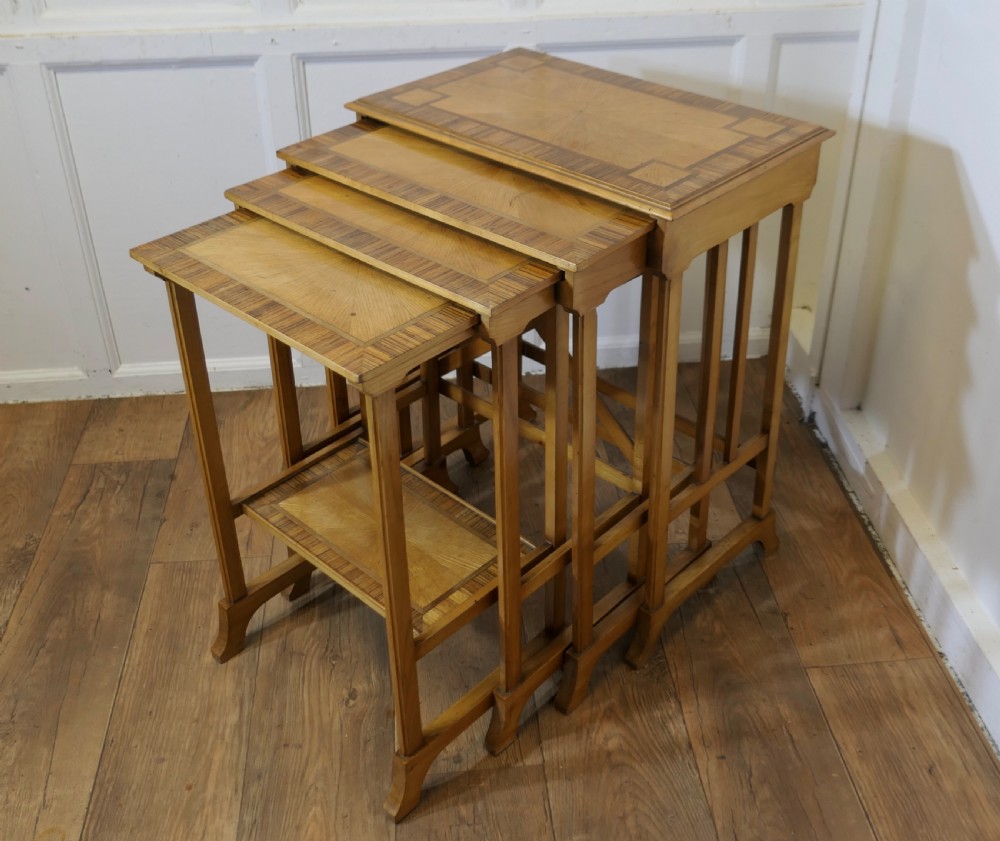Superb Art Deco Nest of 4 Tall Walnut Tables   View IV