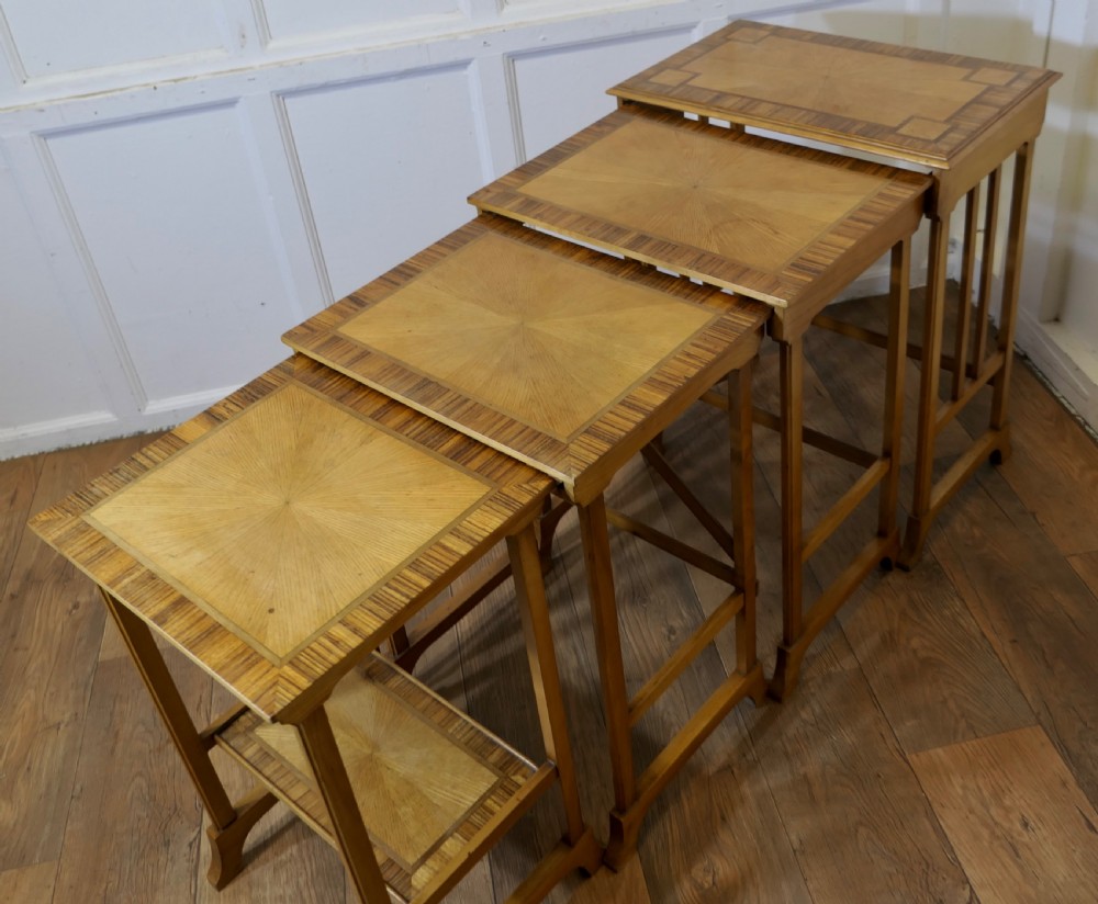 Superb Art Deco Nest of 4 Tall Walnut Tables   View V