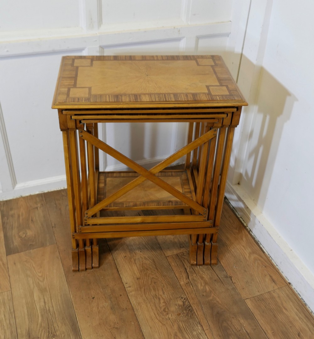 Superb Art Deco Nest of 4 Tall Walnut Tables   View IX