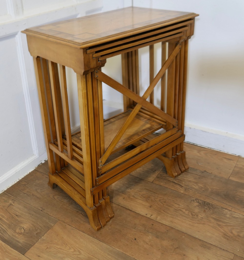 Superb Art Deco Nest of 4 Tall Walnut Tables   View X