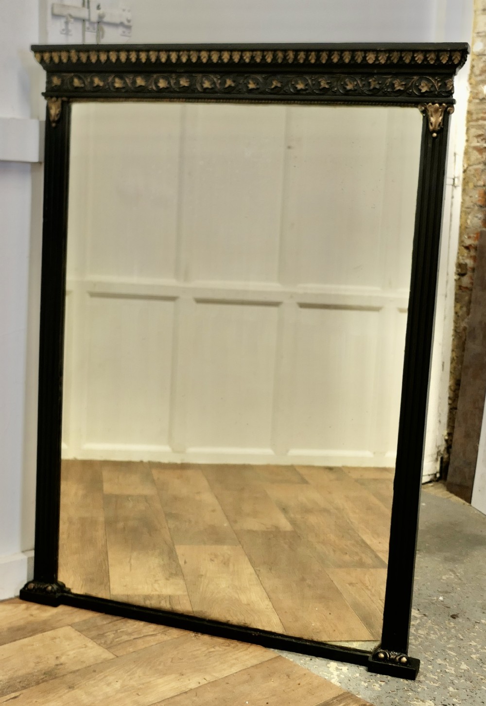 Large French Overmantel Mirror in Black with Gold Detail