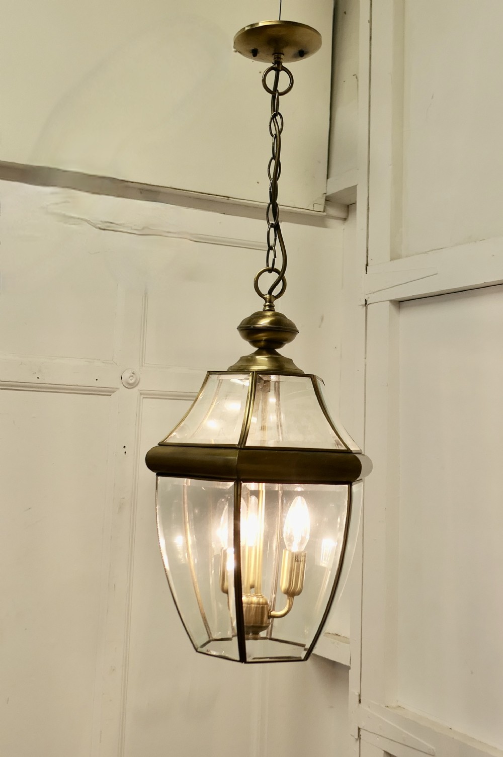 Large Art Deco Style Brass & Glass Hall Lantern 