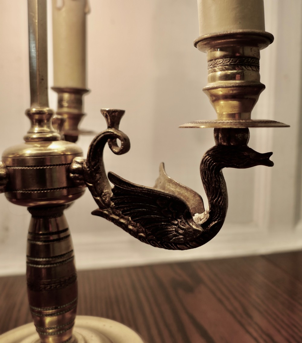 A French toleware and brass bouillotte desk lamp featuring three candle-style lights under a dark green painted metal shade with gilt leaf decoration. View III