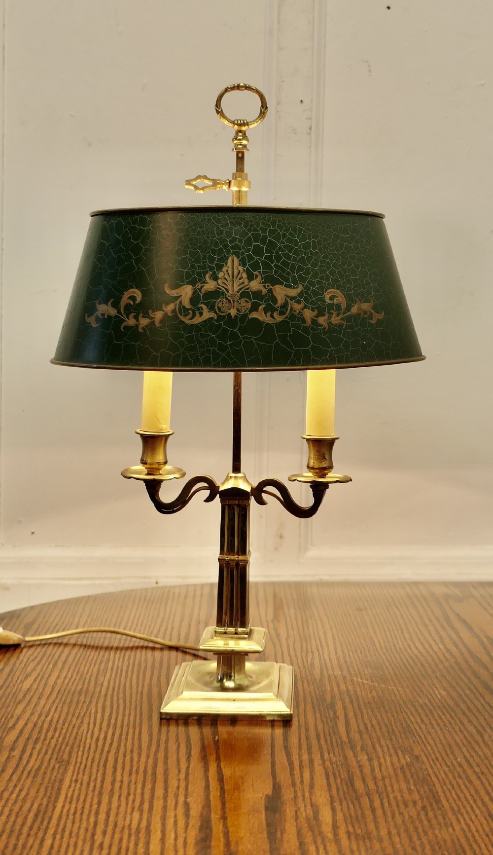 French Green Toleware and Brass Twin Bouillotte Desk Lamp