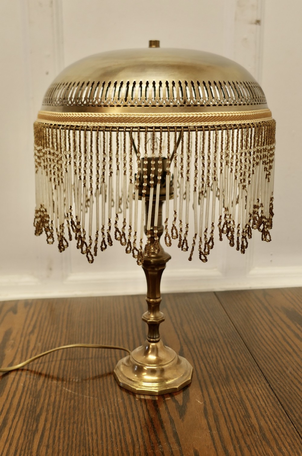 French Art Deco Brass Reading Lamp with Beaded Brass Dome Shade