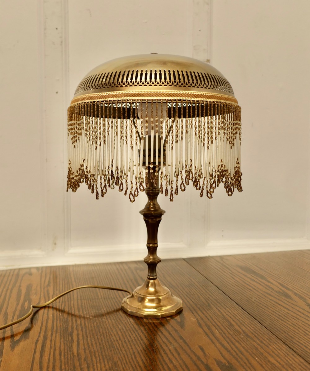 French Art Deco Brass Reading Lamp with Beaded Brass Dome Shade View VI