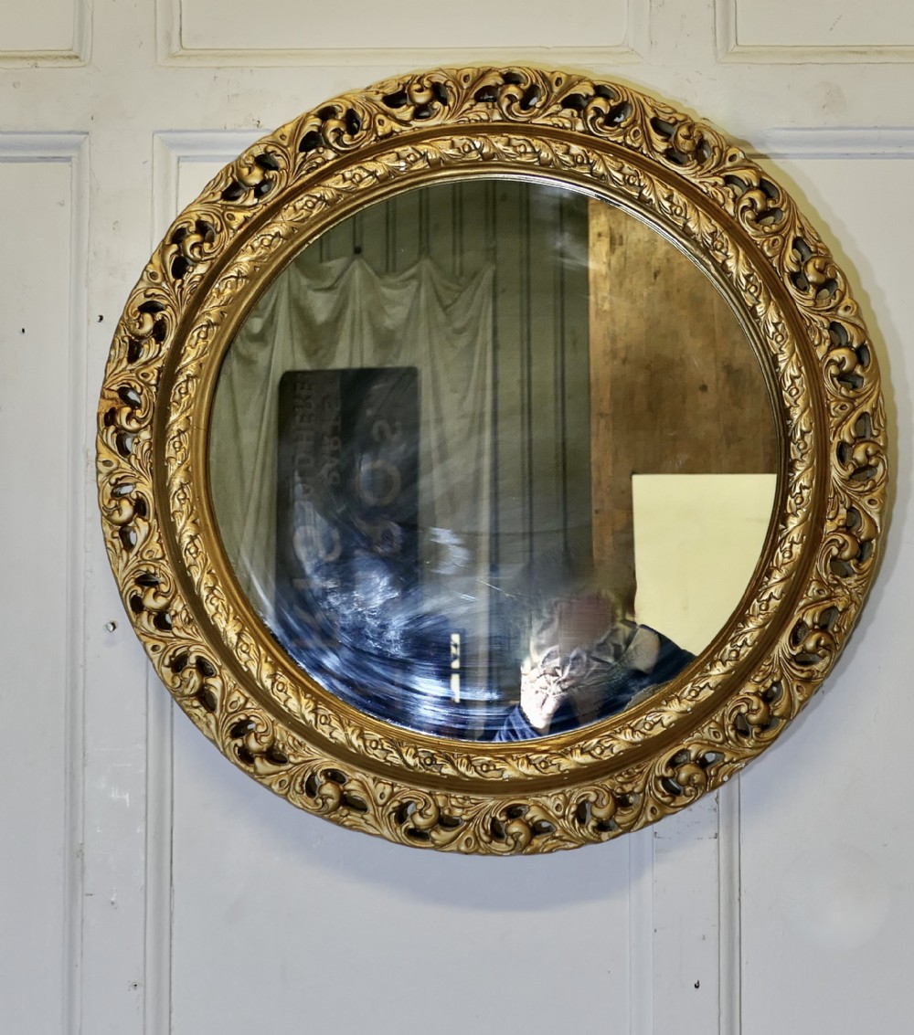 Carved Bevelled Gilt Round Wall Mirror 