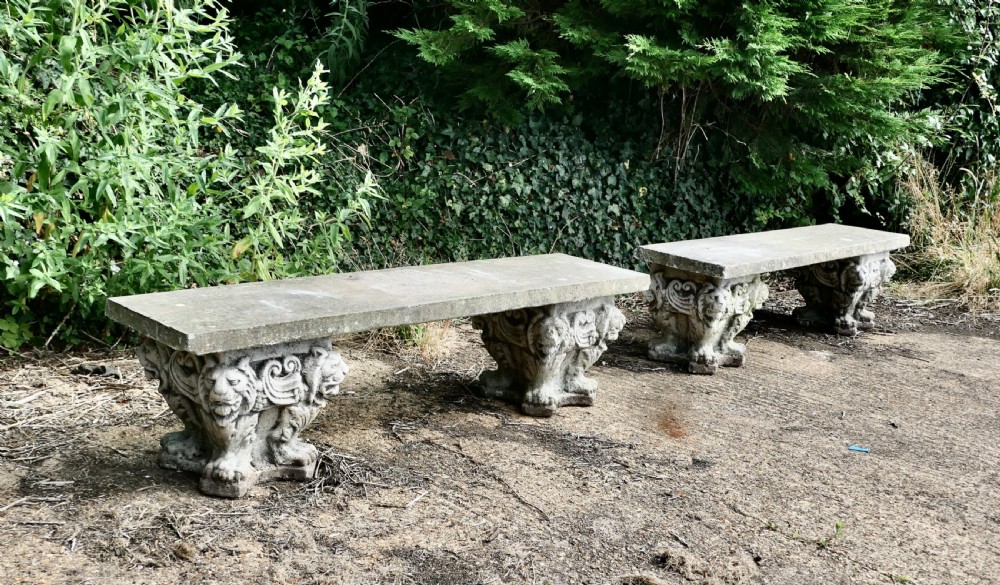 A pair of Old Gothic Weathered Stone Garden Benches View III