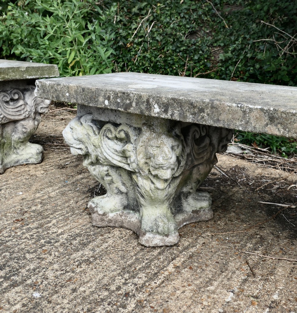 A pair of Old Gothic Weathered Stone Garden Benches View IV