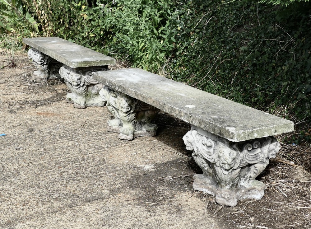 A pair of Old Gothic Weathered Stone Garden Benches View V