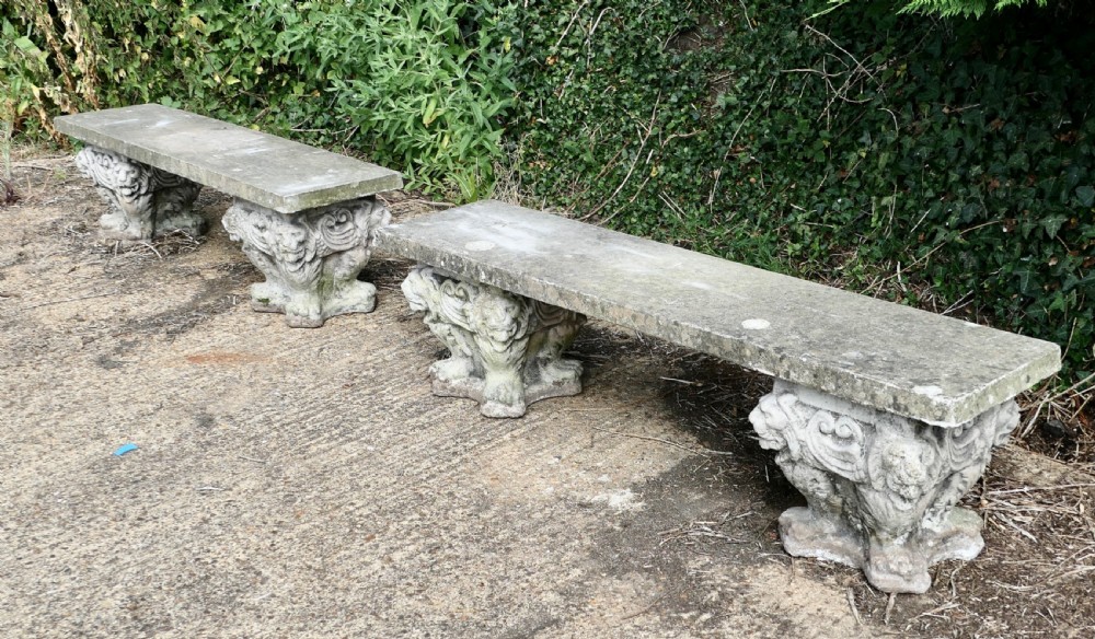 A pair of Old Gothic Weathered Stone Garden Benches View VIII