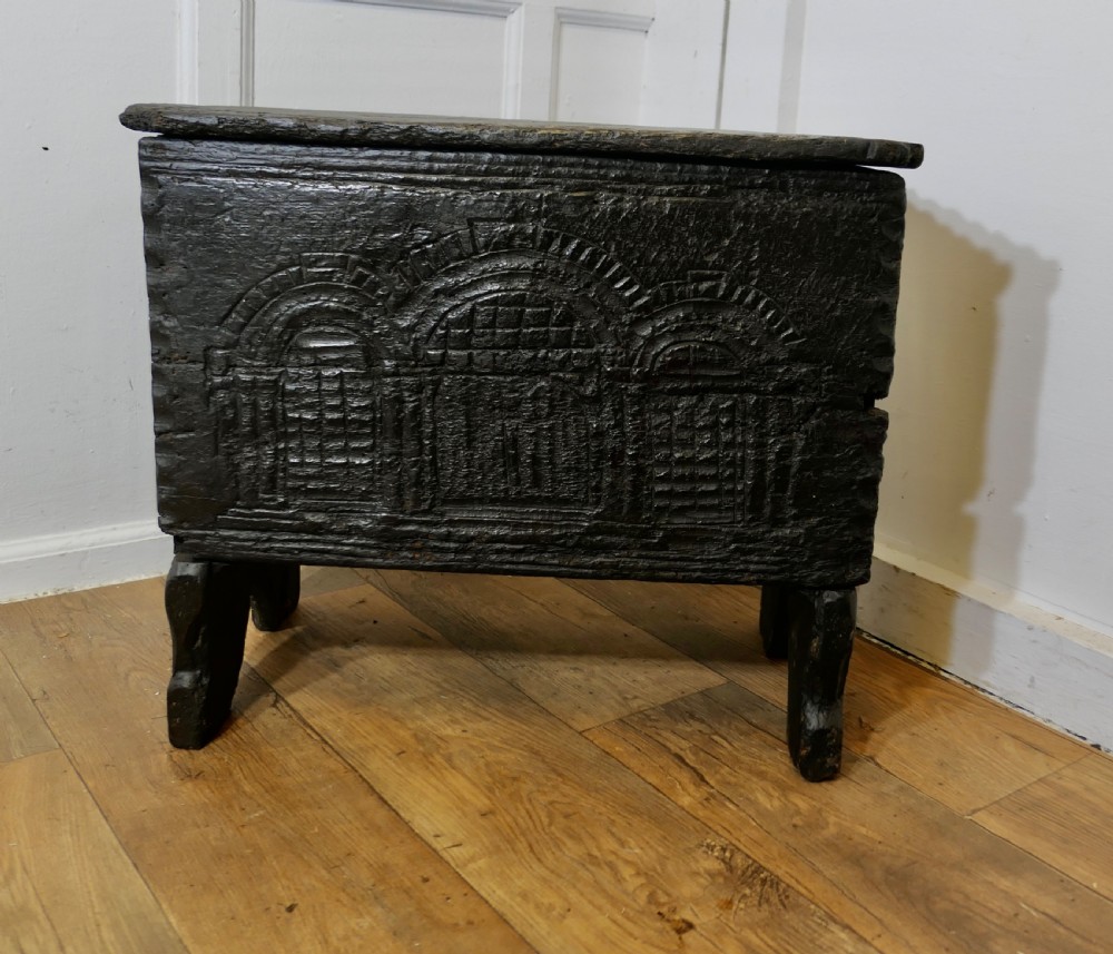 Old and Primitive Carved 16th Century 5 Plank Oak Coffer