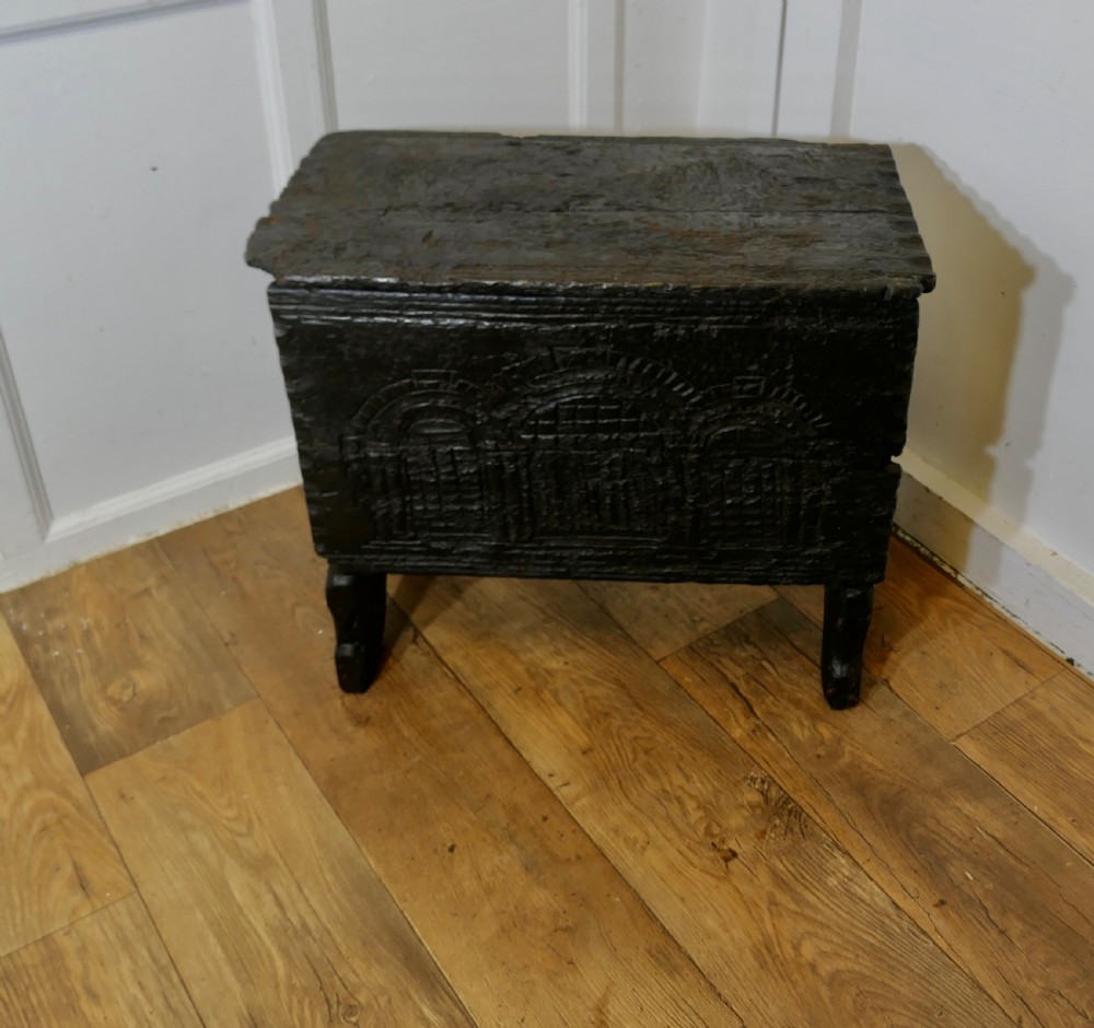 Old and Primitive Carved 16th Century 5 Plank Oak Coffer View II