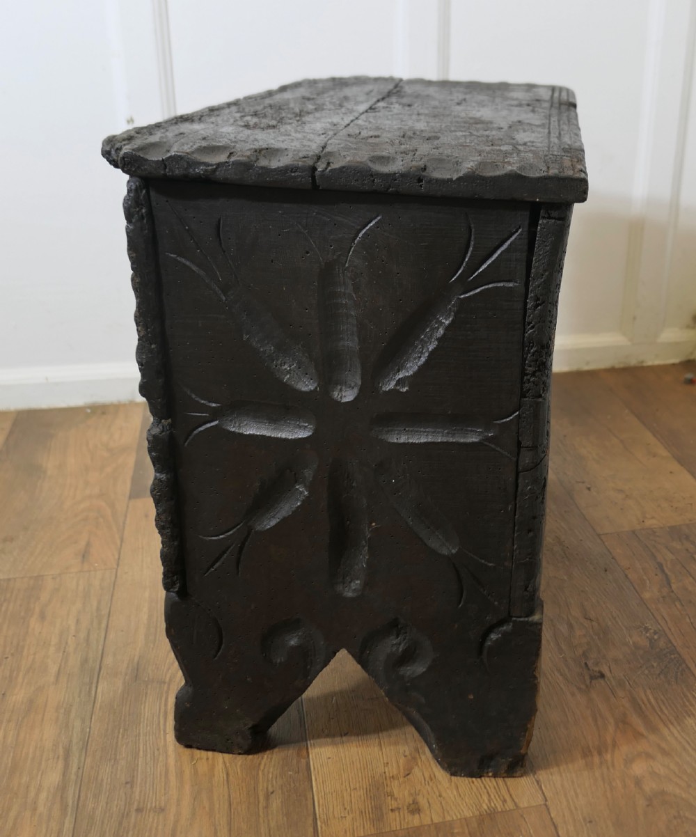 Old and Primitive Carved 16th Century 5 Plank Oak Coffer View III