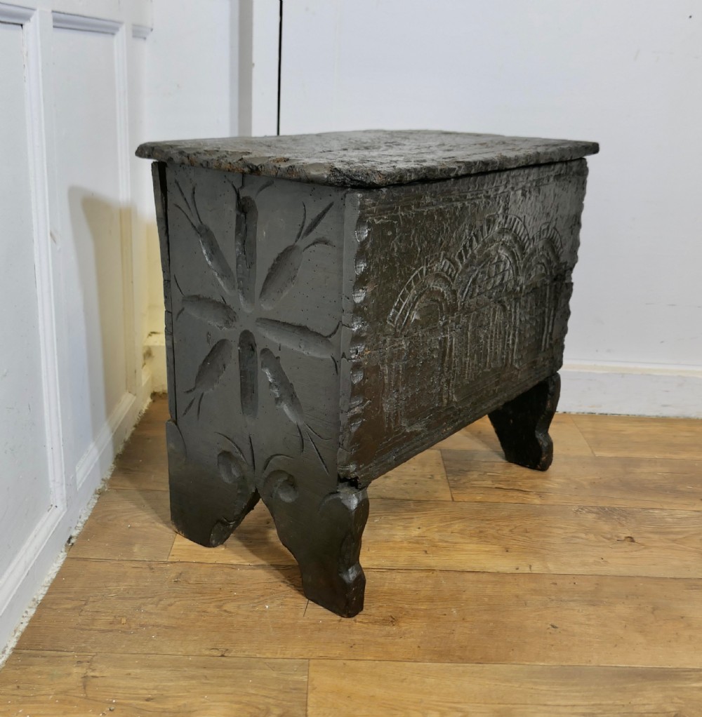 Old and Primitive Carved 16th Century 5 Plank Oak Coffer View V