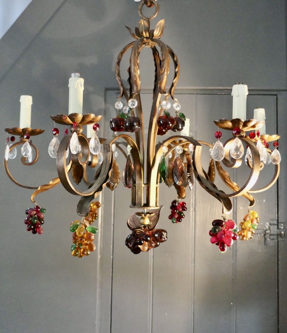 6 Branch Chandelier Hung with Coloured Crystal Fruits, Grapes, Apples and Pears View X