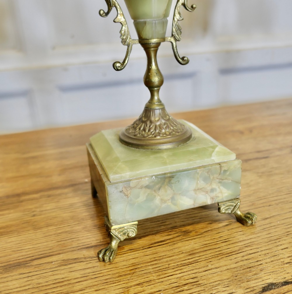 A pair of cast brass five-branch candelabra featuring green onyx stone urns, plinths, and clear crystal glass prisms. View III