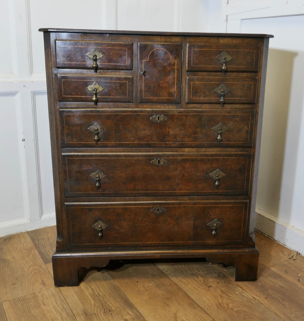 A tall burr walnut chest of drawers featuring a central arched cupboard door, crossbanded drawer fronts, brass drop handles, and bracket feet.