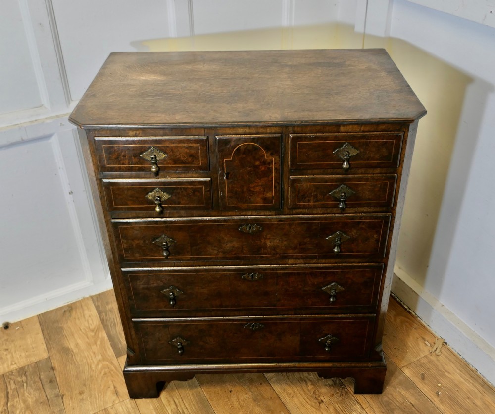 A tall burr walnut chest of drawers featuring a central arched cupboard door, crossbanded drawer fronts, brass drop handles, and bracket feet. View II