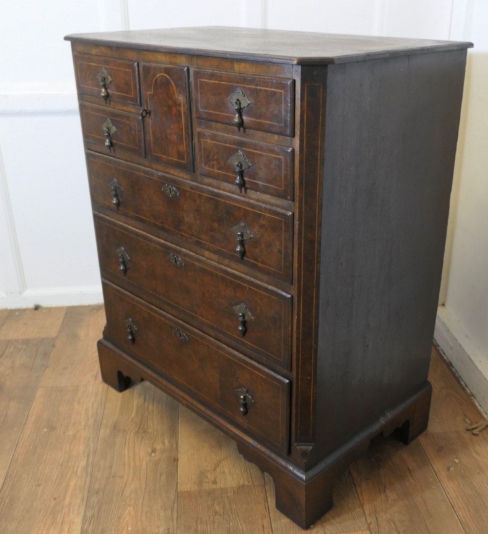 A tall burr walnut chest of drawers featuring a central arched cupboard door, crossbanded drawer fronts, brass drop handles, and bracket feet. View V