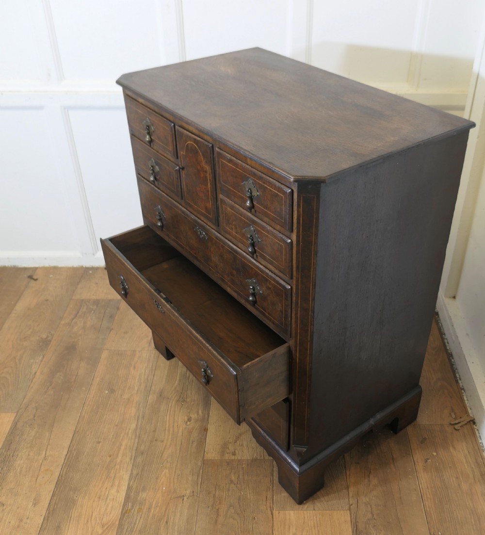 A tall burr walnut chest of drawers featuring a central arched cupboard door, crossbanded drawer fronts, brass drop handles, and bracket feet. View VIII