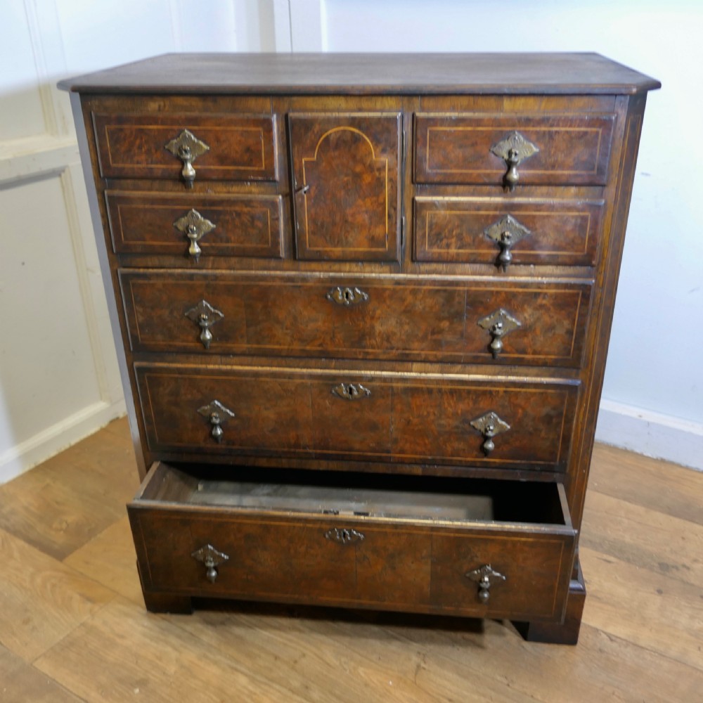A tall burr walnut chest of drawers featuring a central arched cupboard door, crossbanded drawer fronts, brass drop handles, and bracket feet. View X