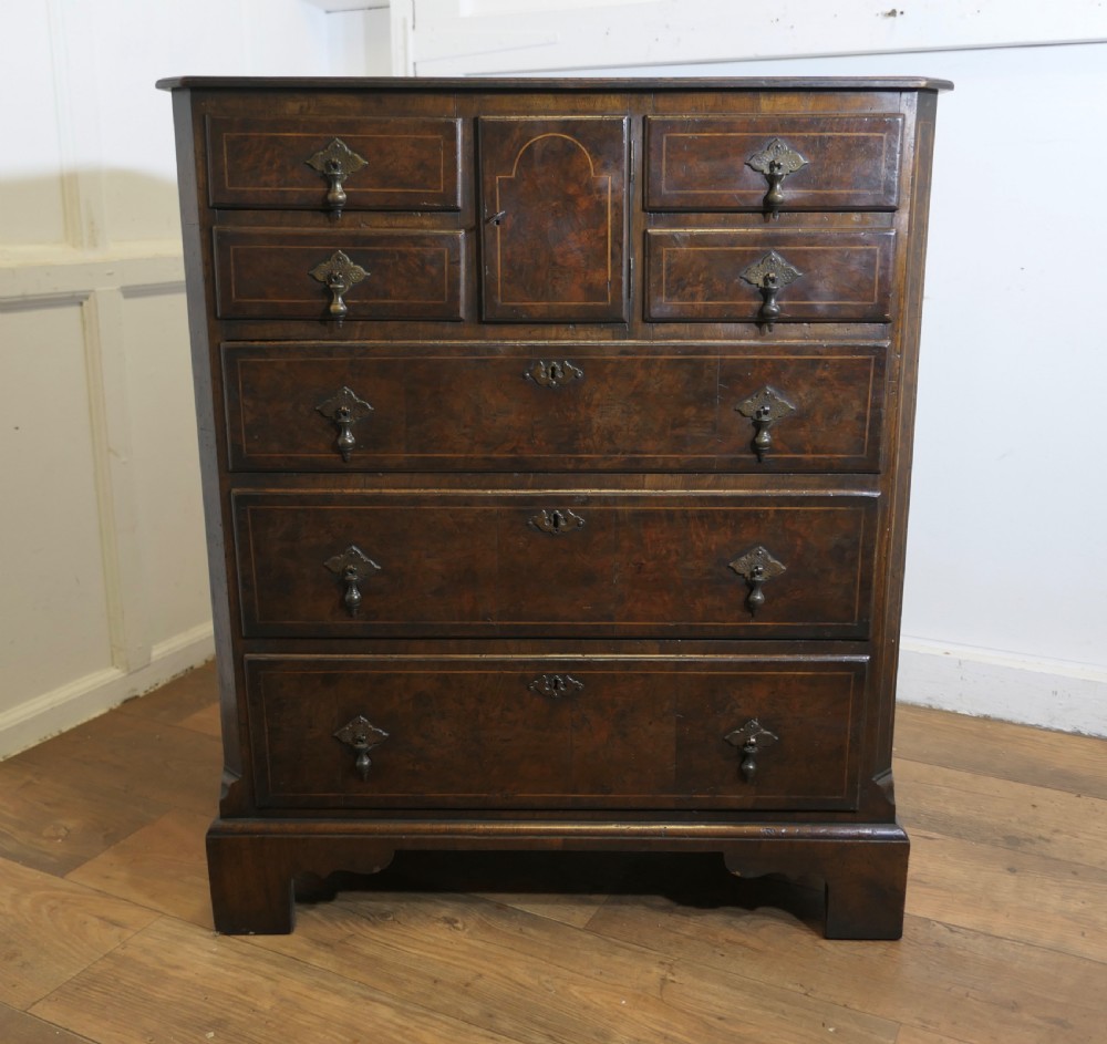 A tall burr walnut chest of drawers featuring a central arched cupboard door, crossbanded drawer fronts, brass drop handles, and bracket feet. View XI