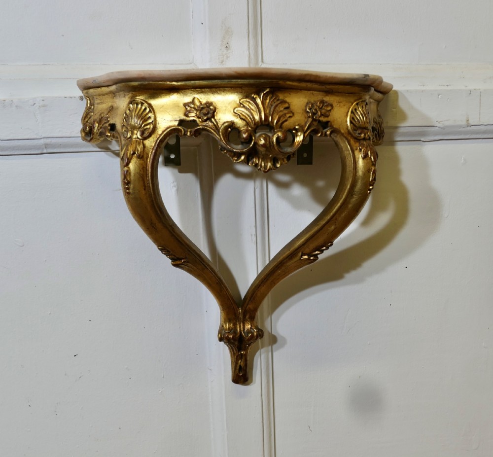 Charming French Gilt and Marble Console Hall Table, Wall Shelf