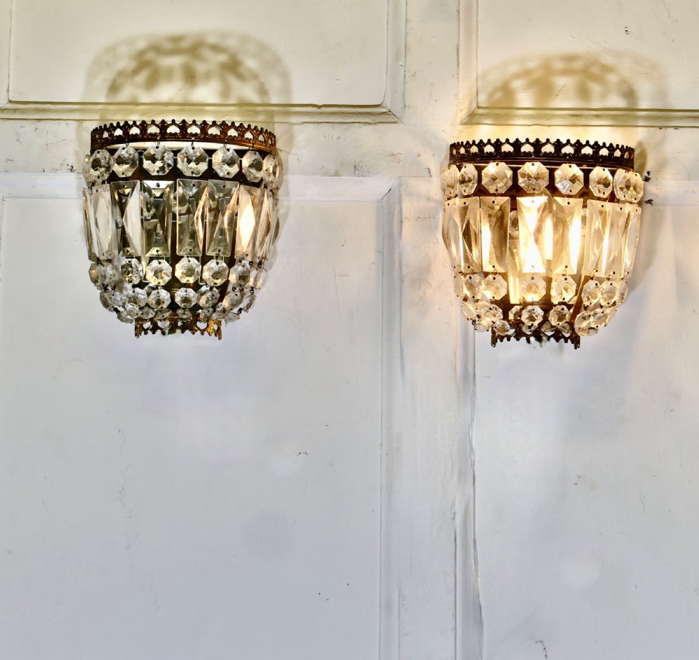 A Charming Pair of French Basket Chandeliers Wall Appliqué 
