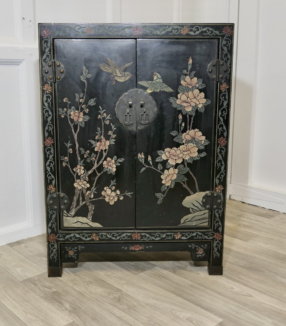  Black Chinoiserie Lacquer Cupboard Decorated with Birds and Flowers