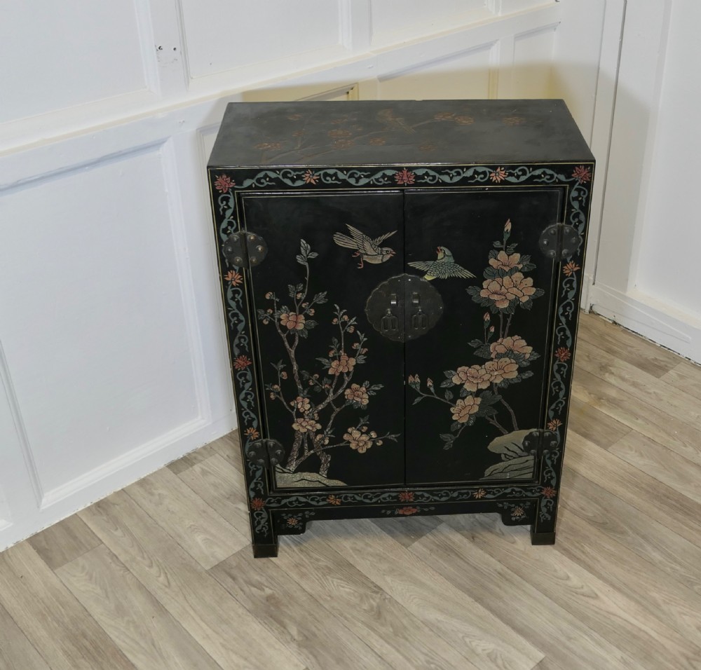  Black Chinoiserie Lacquer Cupboard Decorated with Birds and Flowers View II