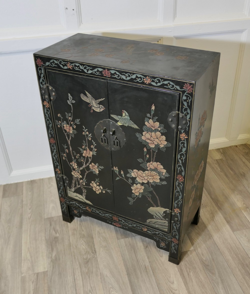  Black Chinoiserie Lacquer Cupboard Decorated with Birds and Flowers View III