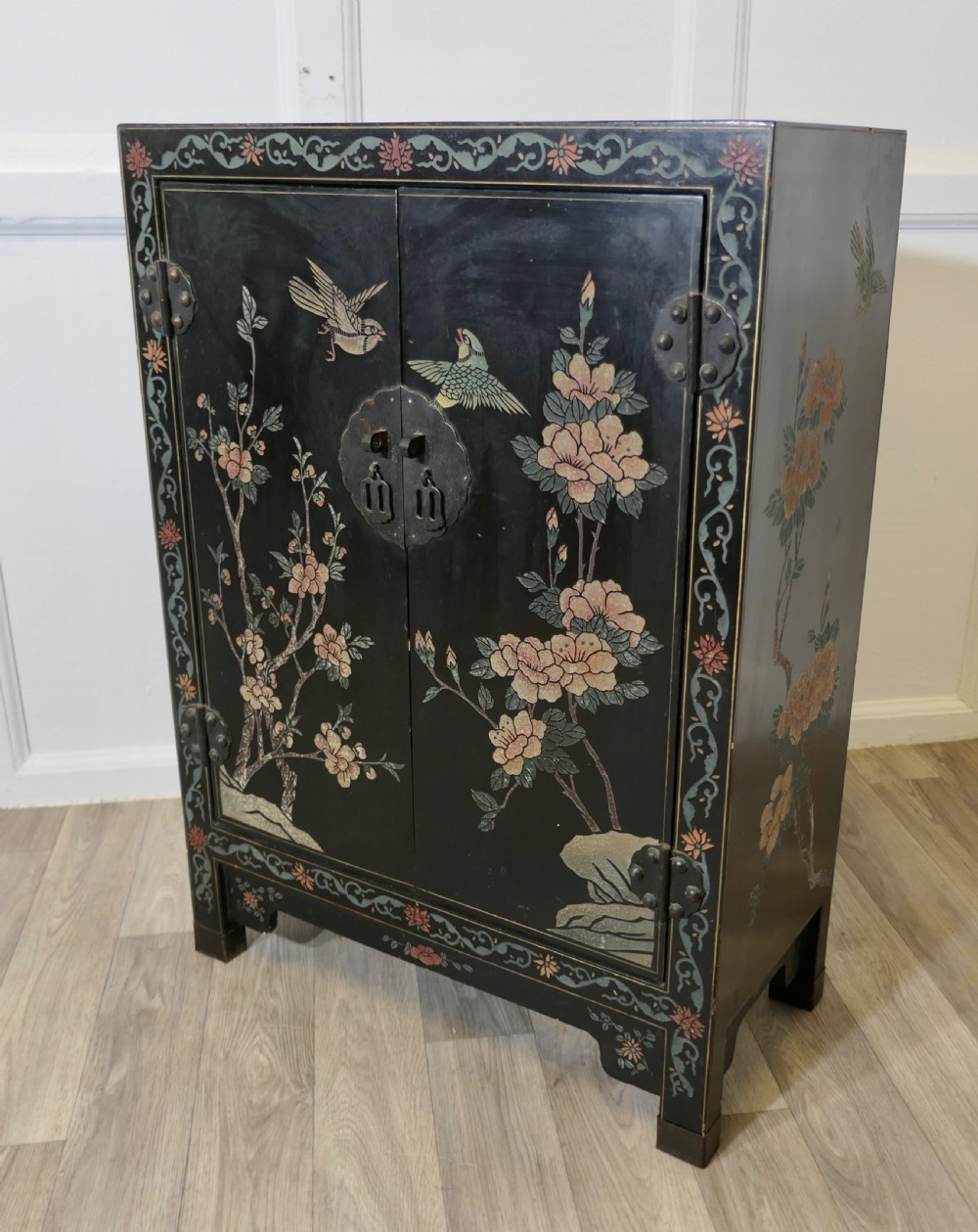  Black Chinoiserie Lacquer Cupboard Decorated with Birds and Flowers View IV