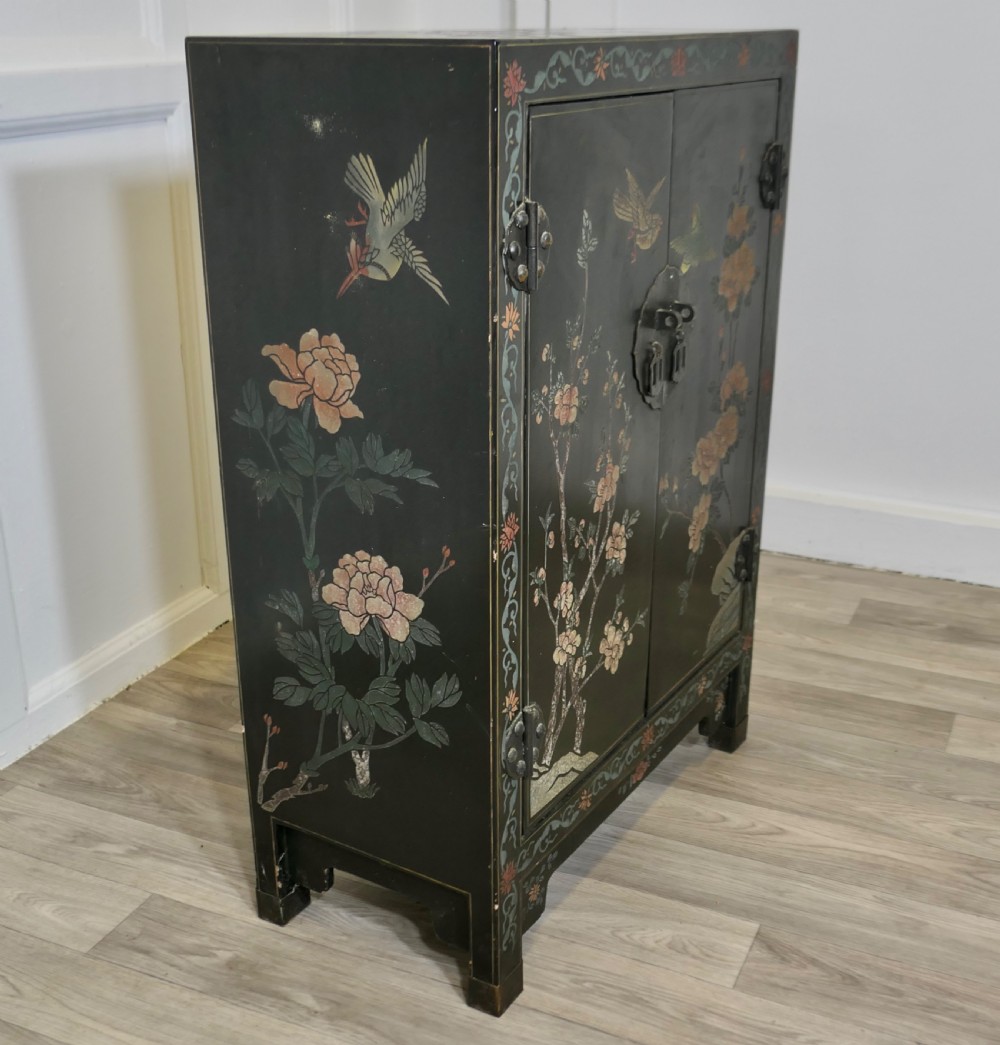  Black Chinoiserie Lacquer Cupboard Decorated with Birds and Flowers View V