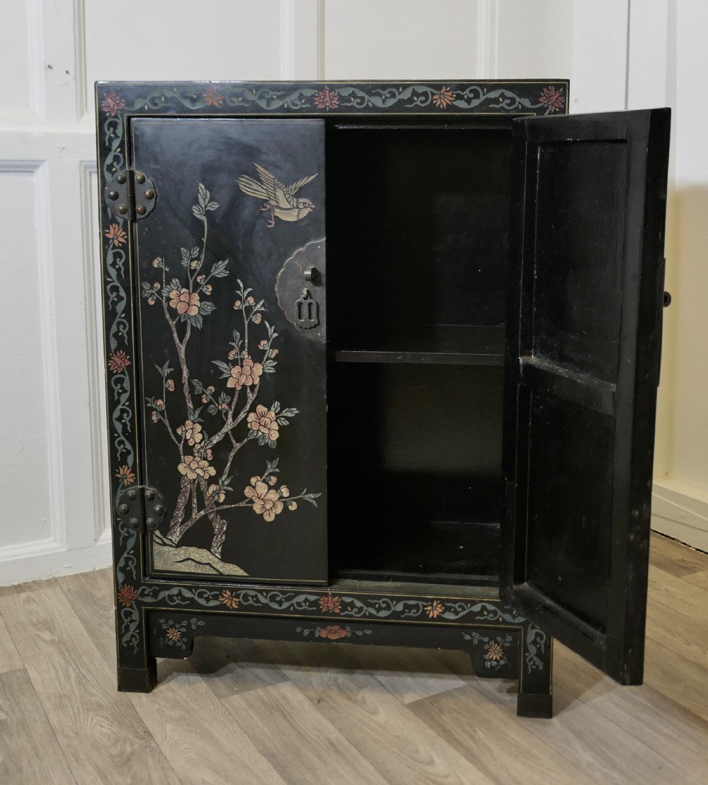  Black Chinoiserie Lacquer Cupboard Decorated with Birds and Flowers View VIII