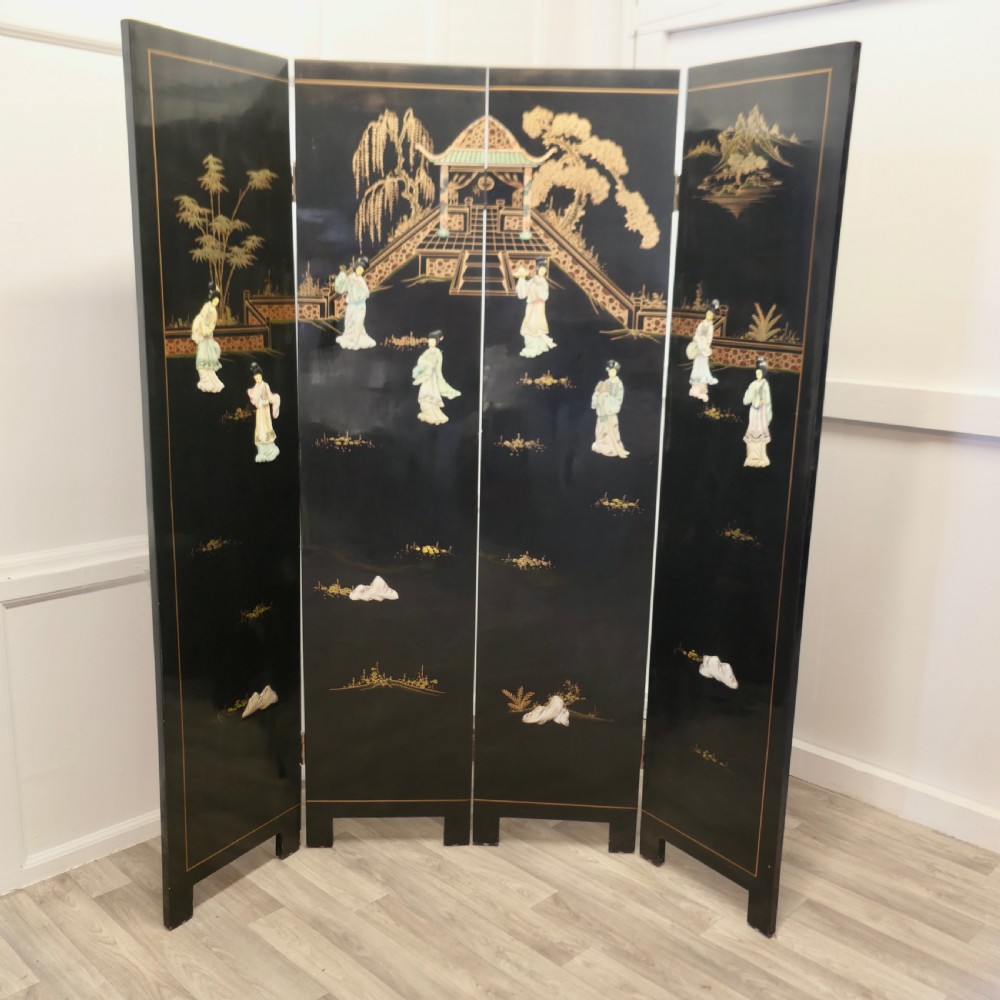 Japanese Etched Lacquer and Painted Folding Screen 