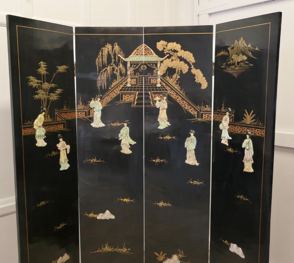 Japanese Etched Lacquer and Painted Folding Screen  View II